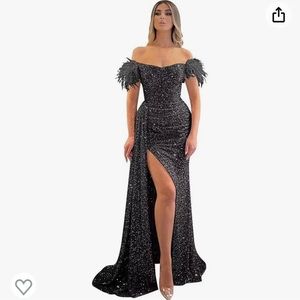 Sequin off the Shoulder evening gown w/train.
